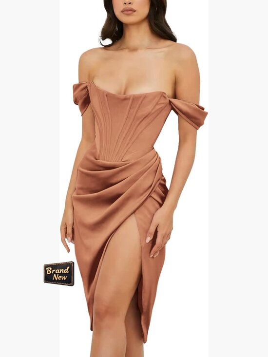 Dresses & Skirts - Off Shoulder Split Corset Satin Dress Strapless Backless High Slit Bodycon